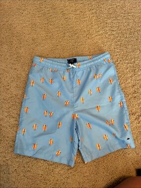 Crown and Ivy Light Blue Novelty Swim Trunks (Hot Dog Print)